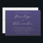Invitación Elegant Navy Blue Wedding Invitation<br><div class="desc">This elegant wedding invitation features a sophisticated navy blue background with crisp white typography, creating a classic and refined aesthetic. The layout is centered and balanced, showcasing the names in flowing cursive script while maintaining symmetry throughout. Customizable placeholders allow for personalization of dates, times, and locations, making it versatile for...</div>