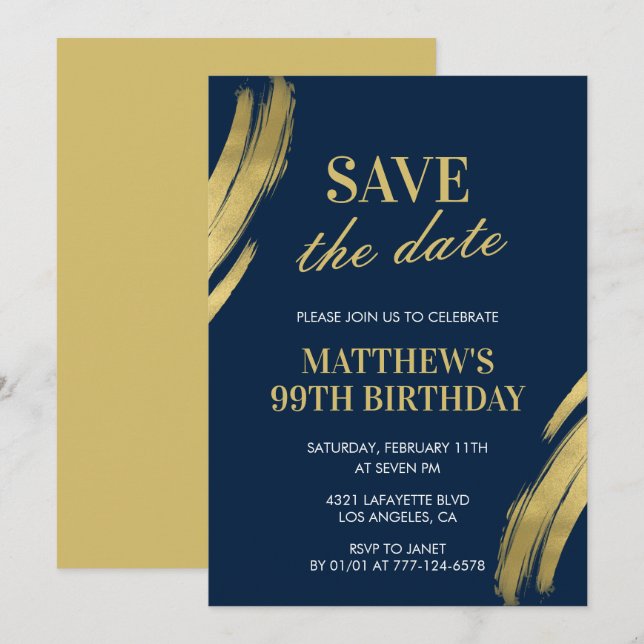 Invitación Elegant Navy cumpleaños número 99 Save the date  (Anverso / Reverso)