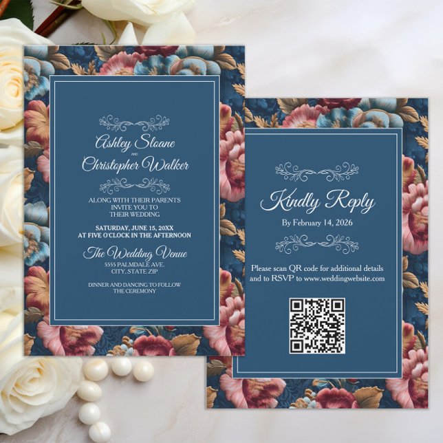 Invitación Elegant Navy Floral Teal RSVP QR code Wedding (Teal peach floral velvet wedding invitation/rsvp combo with QR code)
