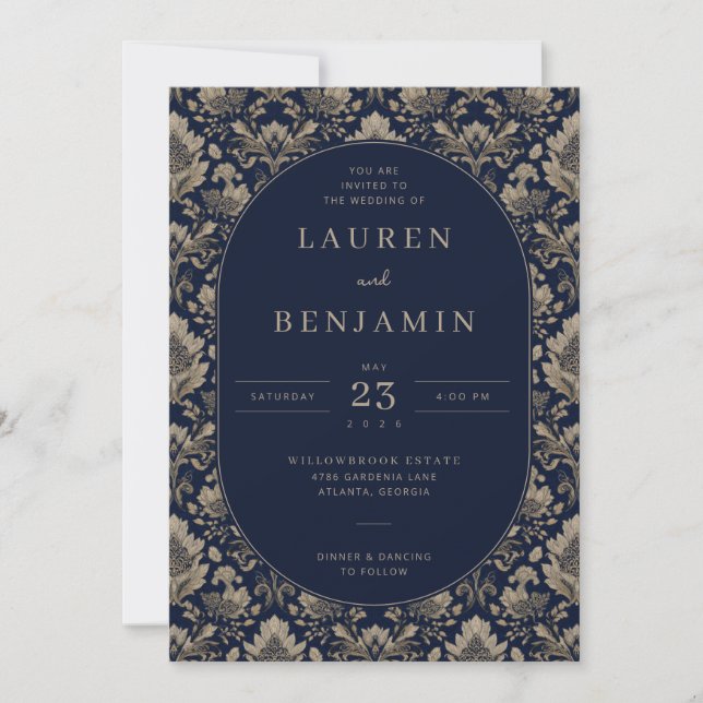 Invitación Elegant Navy Floral Wedding Invitation (Anverso)