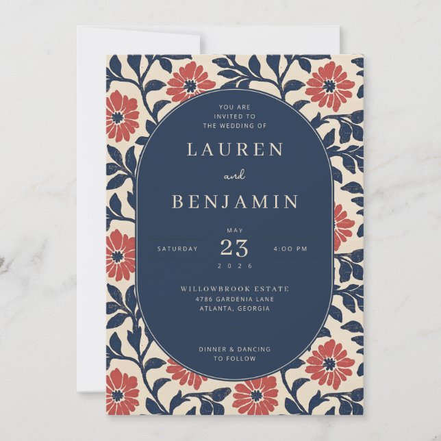 Invitación Elegant Navy Floral Wedding Invitation (Anverso)