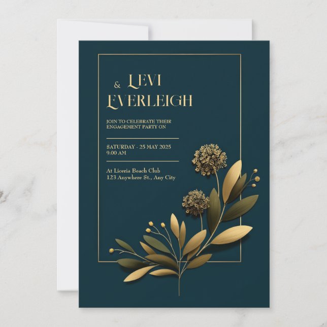 Invitación Elegant Navy Gold Botanical Wedding (Anverso)