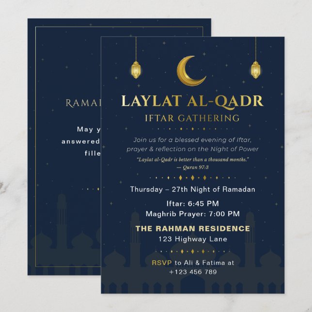 Invitación Elegant Navy & Gold Laylat al-Qadr Iftar Gathering (Anverso / Reverso)