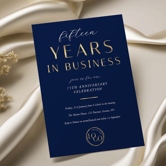 Invitación Elegant Navy & Gold Logo Business Anniversary (Subido por el creador)