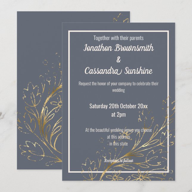 INVITACIÓN ELEGANT NAVY GOLD RUBOR LEAF BODA (Anverso / Reverso)