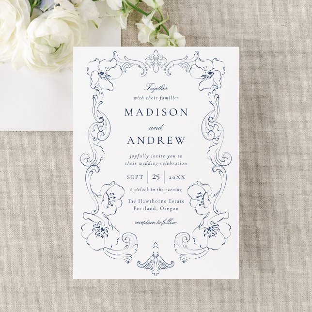 Invitación Elegant Navy Ornate Floral Frame Wedding (Subido por el creador)