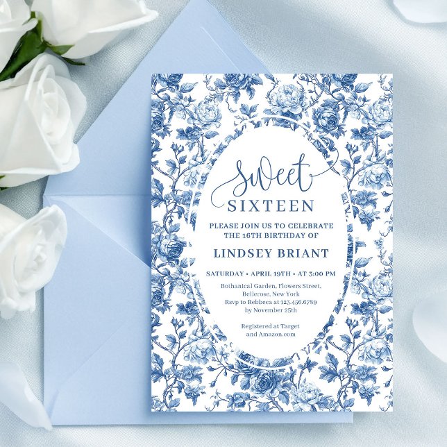 Invitación Elegant Navy Roses Digital Floral Sweet Sixteen (French toile de jouy flowers,
Luxurious navy roses 16TH birthday,
dusty Blue flowers botanical garde)