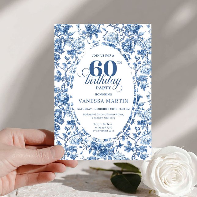 Invitación Elegant Navy Roses French Toile 60th Birthday (This digital 60th birthday invitation is the perfect blend of timeless style and modern convenience.)
