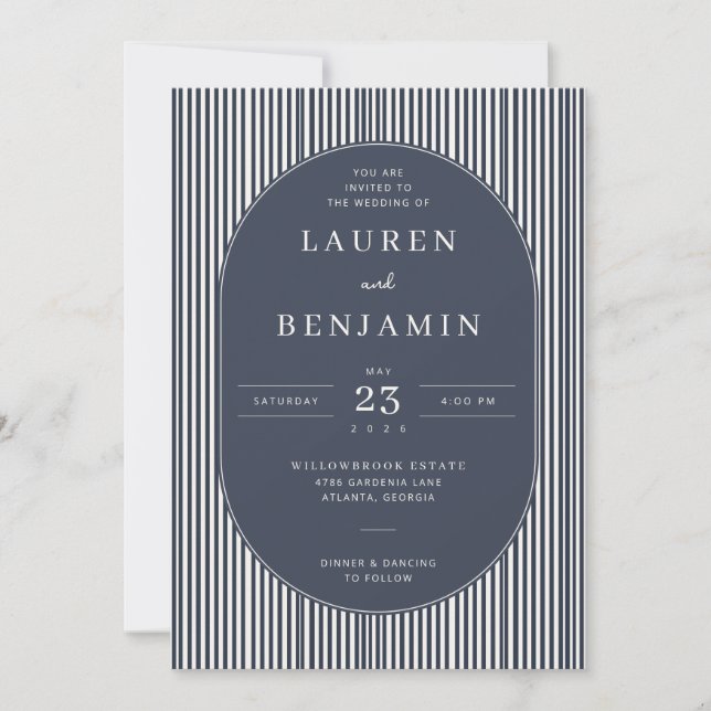 Invitación Elegant Navy Striped Wedding Invitation (Anverso)