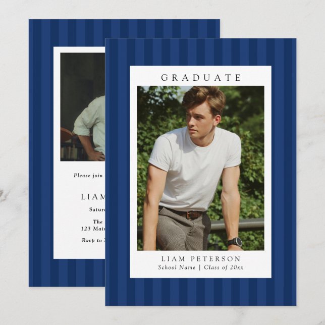 Invitación Elegant Navy Stripes 2 Photo Graduation Party (Anverso / Reverso)