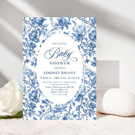 Invitación Elegant Navy Toile de Jouy Rose Baby Shower Invite