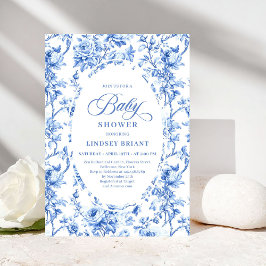 Invitación Elegant Navy Toile de Jouy Rose Baby Shower Invite
