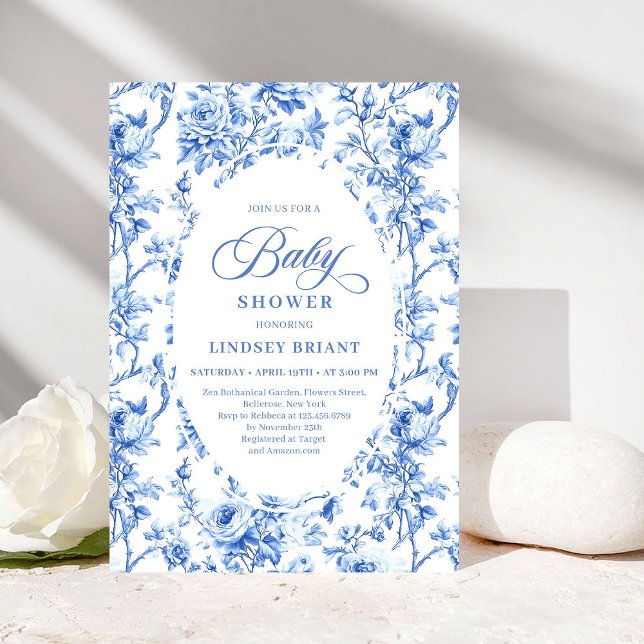 Invitación Elegant Navy Toile de Jouy Rose Baby Shower Invite (Luxury Navy Blue Toile Rose Baby Shower Invitation)