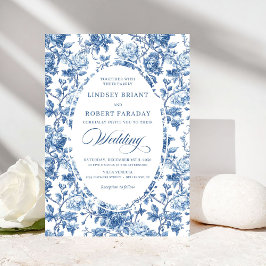 Invitación Elegant Navy Toile de Jouy Rose Floral Wedding