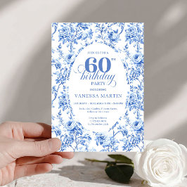 Invitación Elegant Navy Toile Roses 60th Birthday Invite Digi