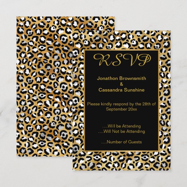 INVITACIÓN ELEGANT NEGRO ESTAMPADO DE LEOPARDO RSVP  (Anverso / Reverso)