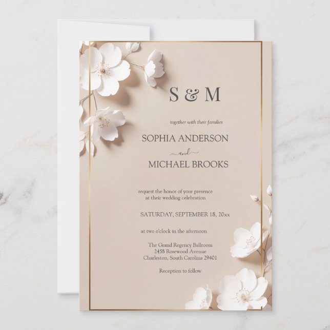 Invitación Elegant Neutral Magnolia White Floral Wedding  (Anverso)