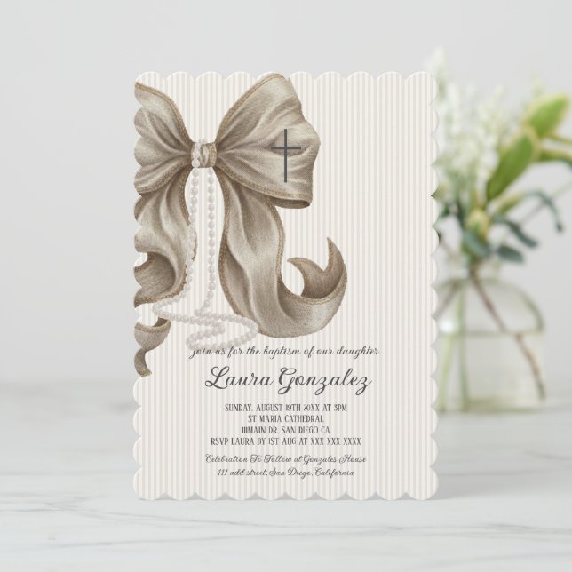 Invitación Elegant Neutral Striped Bow Baptism (Anverso de pie)