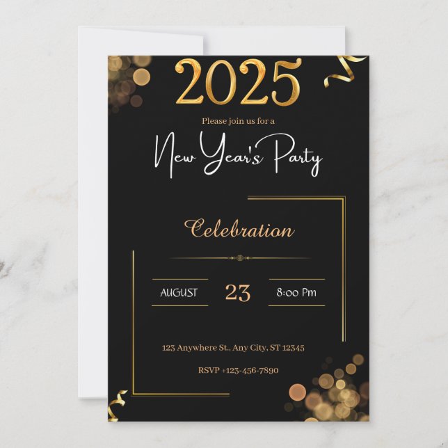 Invitación Elegant New Year's Eve Black Gold Party (Anverso)