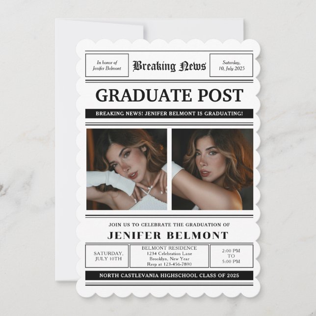 Invitación Elegant Newspaper Themed 2 Photo Graduation Party (Anverso)
