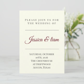 Invitación Elegant Off-White & Burgundy Minimalist Wedding