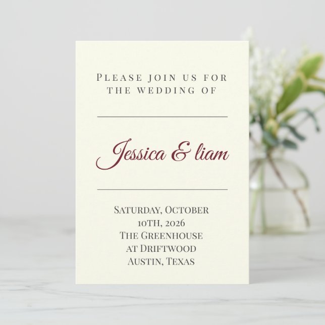 Invitación Elegant Off-White & Burgundy Minimalist Wedding (Anverso de pie)