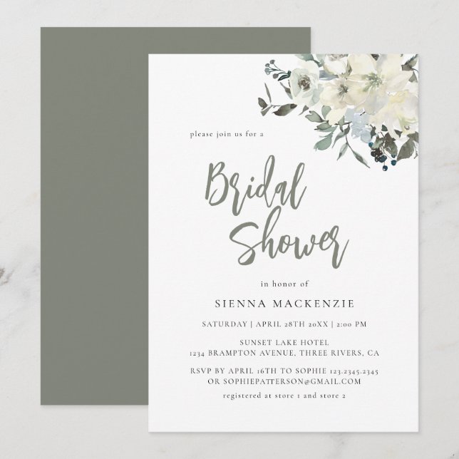 Invitación Elegant Olive Green Delicate Floral Bridal Shower (Anverso / Reverso)
