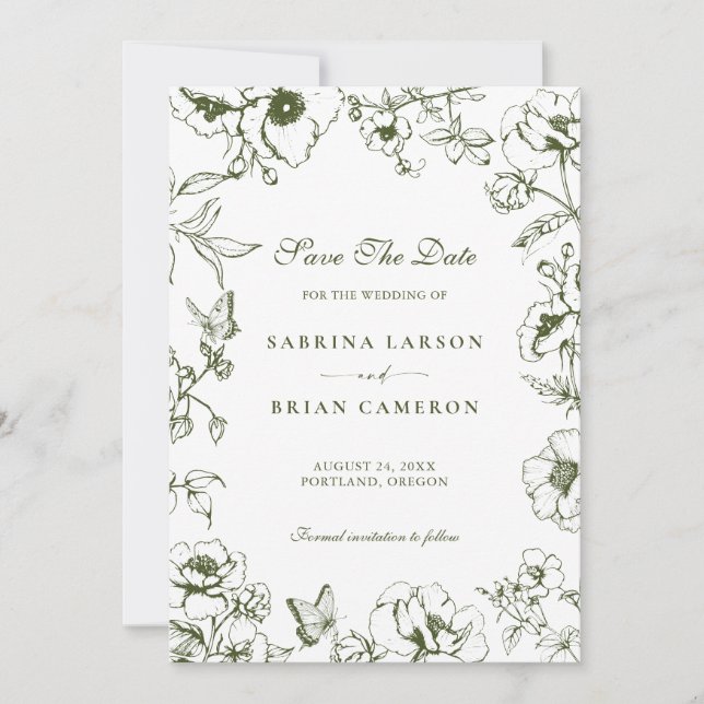 Invitación Elegant Olive Green Floral Garden Save The Date (Anverso)