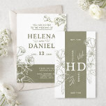 Invitación Elegant Olive Green Minimalist Floral Wedding<br><div class="desc">This elegant minimalist wedding invitation features delicate botanical floral illustrations with a beautiful olive green tone (#6E6848). The clean and modern layout creates a timeless and sophisticated look, perfect for romantic, rustic, or modern weddings. The soft earthy color palette adds warmth and elegance while keeping the design simple and refined....</div>