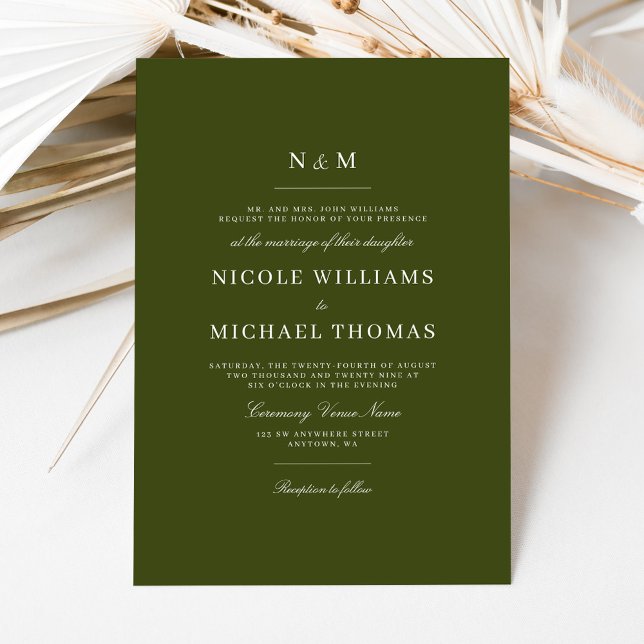Invitación Elegant Olive Green Monogram Classic Wedding (Subido por el creador)