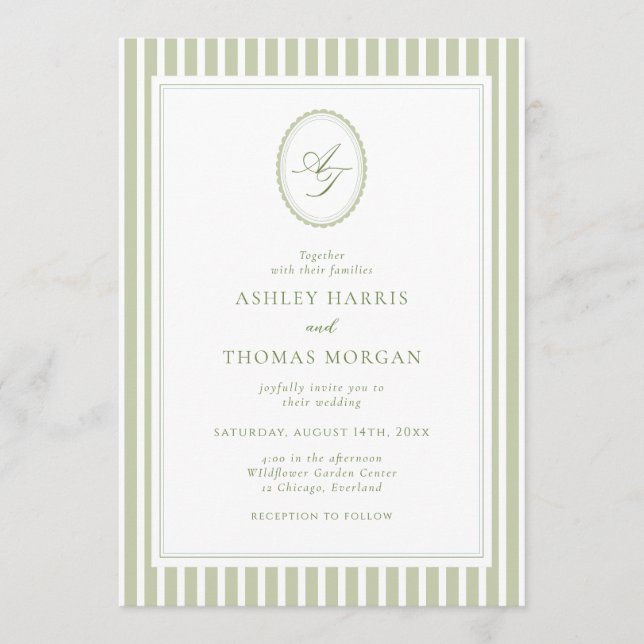 Invitación Elegant Olive Green Monogram Wedding Invitation (Anverso)
