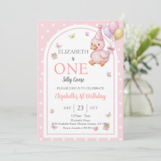Invitación Elegant One Silly Goose Pink Bow Girl 1st Birthday
