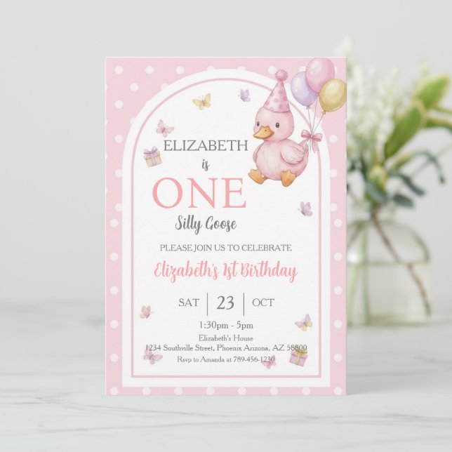 Invitación Elegant One Silly Goose Pink Bow Girl 1st Birthday (Anverso de pie)