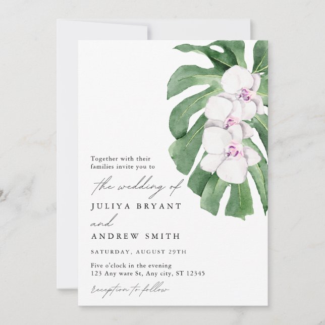 Invitación Elegant Orchid on Tropical leaf script wedding (Anverso)