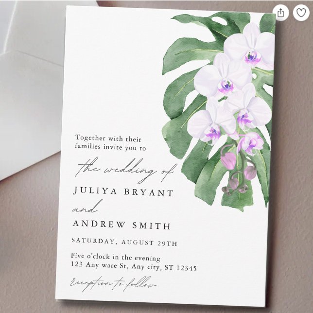 Invitación Elegant Orchid on Tropical leaf script wedding (Subido por el creador)