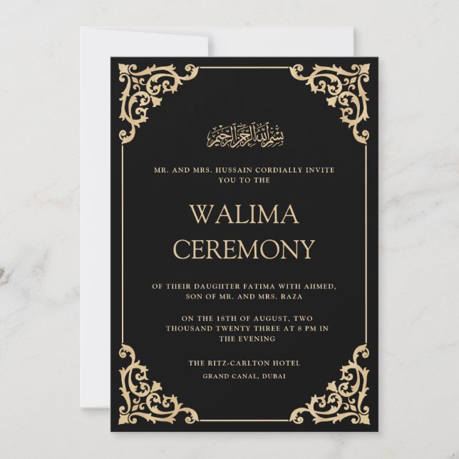 Invitación Elegant Ornate Black Gold Frame Walima Ceremony (Anverso)