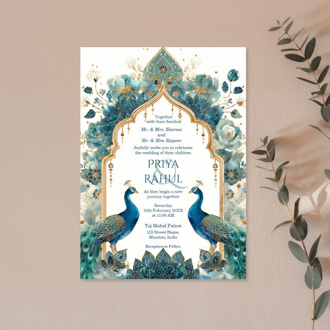 Invitación Elegant Ornate Vintage Peacocks Indian Wedding (blue and green floral indian wedding invitation with arch, flowers and two peacocks)
