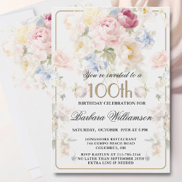 Invitación Elegant Painted Blush Rose Floral 100th Birthday 