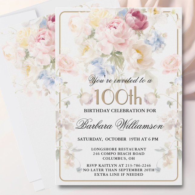 Invitación Elegant Painted Blush Rose Floral 100th Birthday  (Subido por el creador)