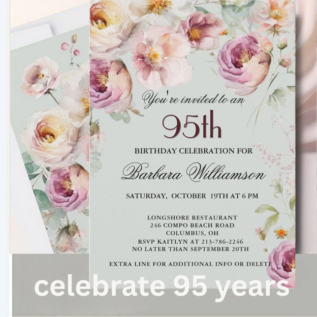 Invitación Elegant Painted Floral 95th Birthday Party (Subido por el creador)