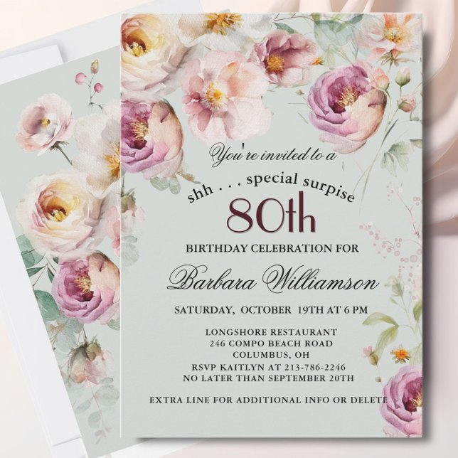Invitación Elegant Painted Floral Surprise 80th Birthday  (Subido por el creador)