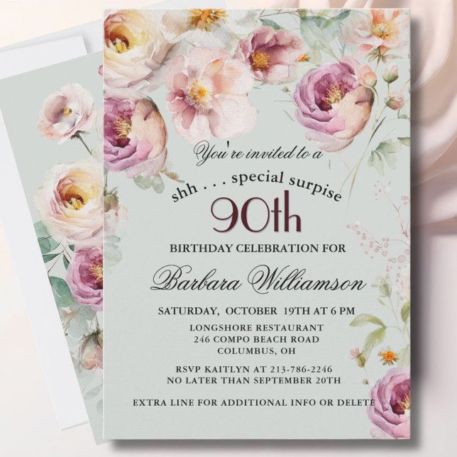 Invitación Elegant Painted Floral Surprise 90th Birthday  (Subido por el creador)