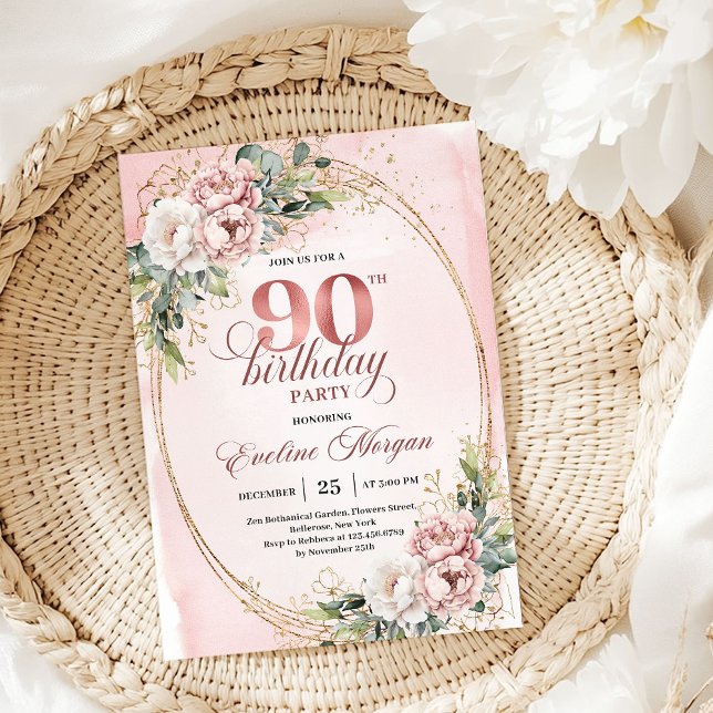 Invitación Elegant Pale Pink Gold Eucalyptus 90th Birthday  (Elegant Pale Pink Gold Eucalyptus 90th Birthday Invite)
