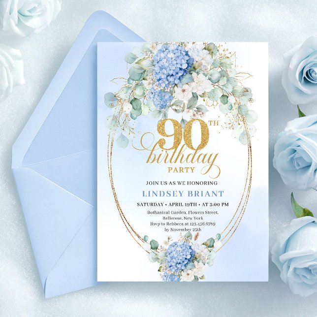 Invitación Elegant Pastel Blue Hydrangea 90th Birthday Invite (Elegant Pastel Blue Hydrangea 90th Birthday Invite)