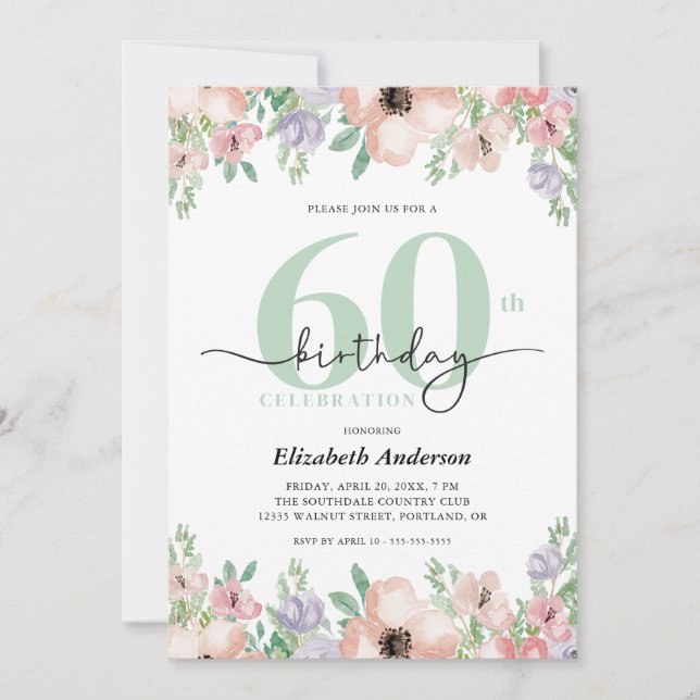Invitación Elegant Pastel Floral 60th Birthday Party (Anverso)