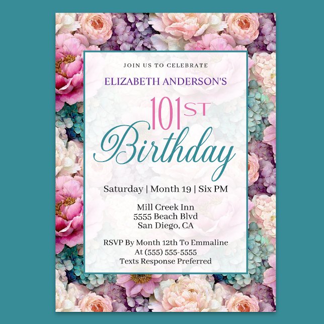 Invitación Elegant Pastel Floral Garden 101st Birthday (Subido por el creador)