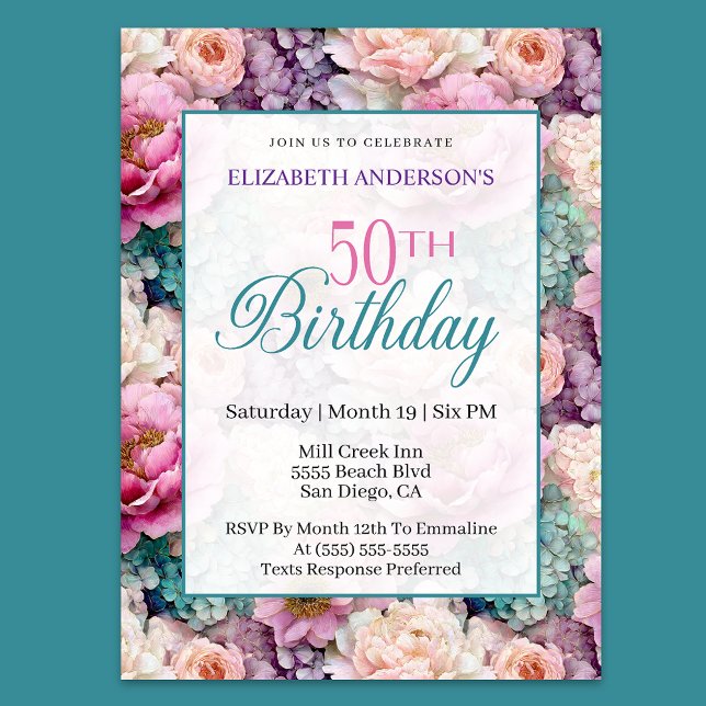 Invitación Elegant Pastel Floral Garden 50th Birthday (Subido por el creador)