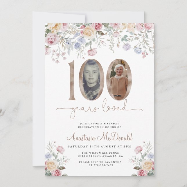 Invitación Elegant Pastel Floral Photo 100th Birthday (Anverso)