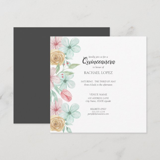 Invitación Elegant Pastel Florals | Gold Frame Quinceanera (Anverso / Reverso)