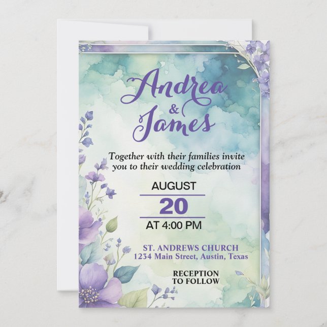 Invitación Elegant Pastel Lavender and Sea Green Wedding (Anverso)